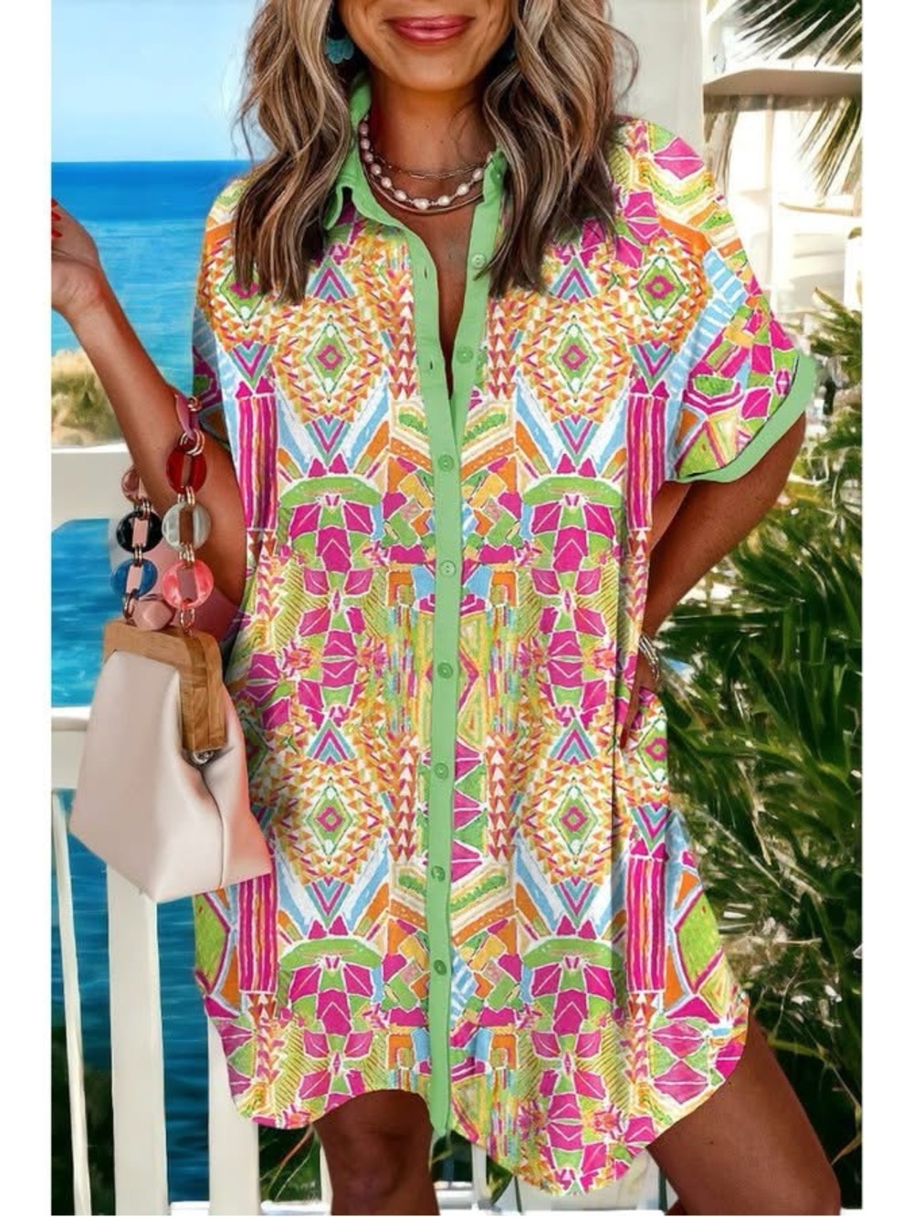 Vibrant Geometric Button-Down Shirt Dress - Pink & Green
